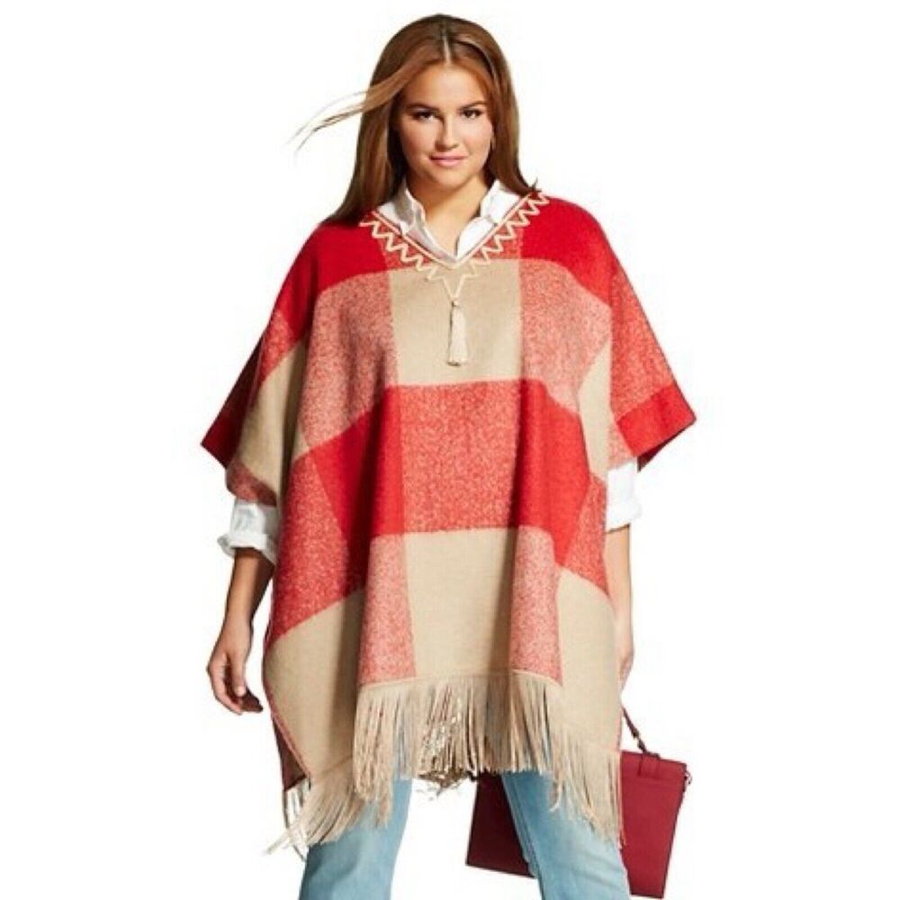 Adam Lippes For Target Red Fringe Poncho Jacket Cape Shawl Size S/M